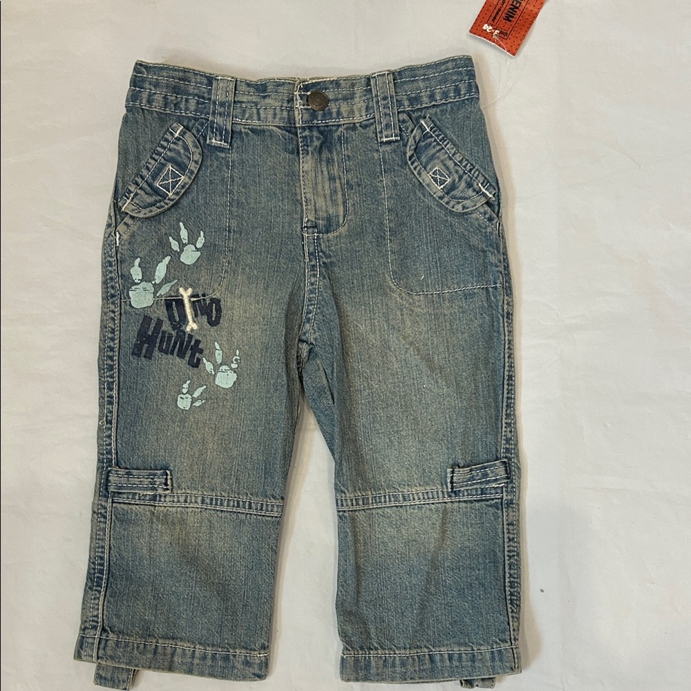 Kids Light Blue Denim Cargo Jeans with Mint Paw-Print Graphic